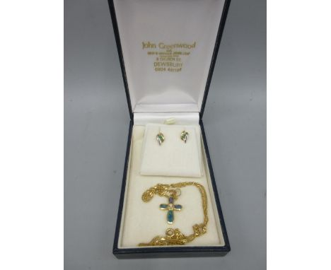 14ct yellow gold opal and diamond cross pendant necklace on gold chain, stamped 585, 4.6g, and a pair of 9ct yellow and white