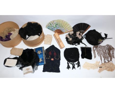 Three hat boxes containing Victorian and later accessories incl. two ladies Victorian bonnets, one by Jefferson; lacework han