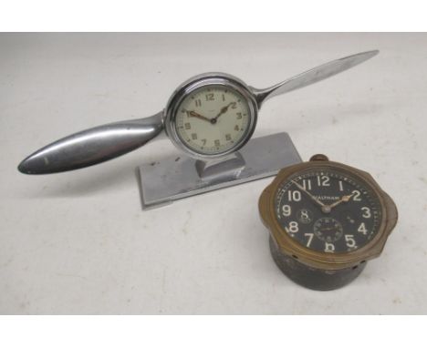 Waltham 8 day plated brass car clock, signed black dial, subsidiary seconds, D9cm and presentation Smiths 8 day chrome desk t