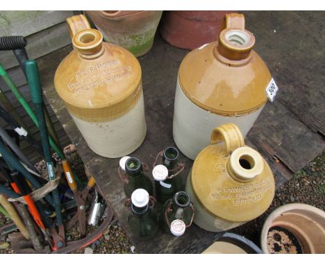 3 stone flagons and 4 vintage beer bottles