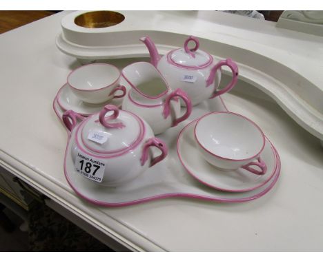 Porcelain pink & white tea service with tray