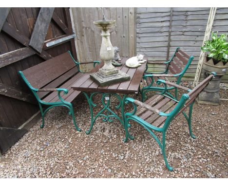 Cast iron & wood table, bench & 2 chairs