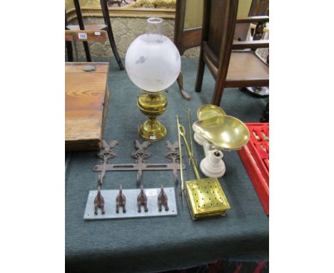 Oil lamp, scales, etc