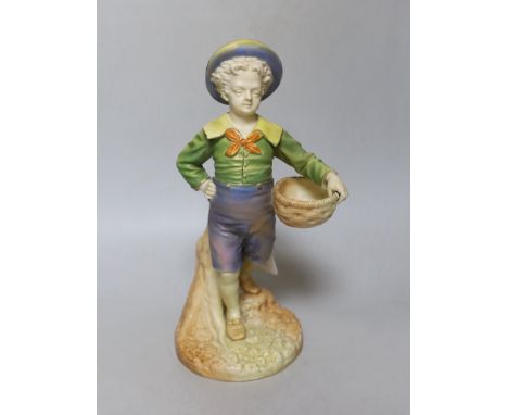 A Royal Worcester figure of a boy with a basket and a broad brimmed hat painted in shot enamels shape 1388, date mark 1895,  