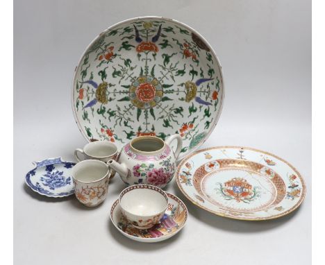 Collection of 18th century Chinese porcelain including an armorial dish, teapot hand painted in the famille rose palette and 