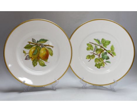 A pair of Minton plates painted with fruit by Colclough, signed, Crown, Globe England mark in puce, c.1891-1921, 27cm diamete