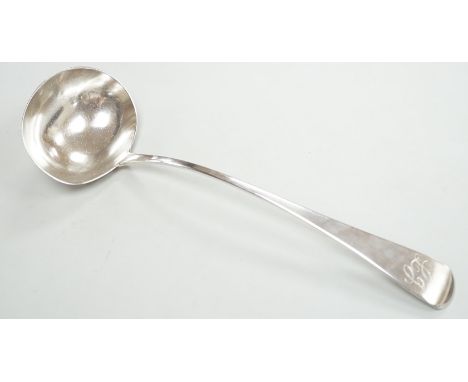 A late George III silver Old English pattern soup ladle, Hougham, Royes &amp; Dix, London,1817, 32.5cm, 6oz.