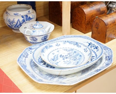 A group of 18th/19th century Chinese blue and white porcelain, including a Kangxi figure painted jar, a large meat dish, a he