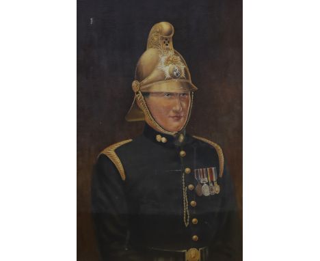 English School c.1900, oil on canvas, Portrait of a French fireman, 91 x 60cm