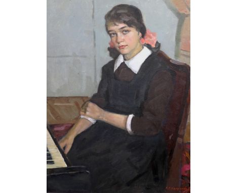 Nickolaj Pavlovic Kalmykov (Russian, 1924-1994), oil on canvas, Portrait of a seated girl, signed and dated 1953, 86 x 66cm