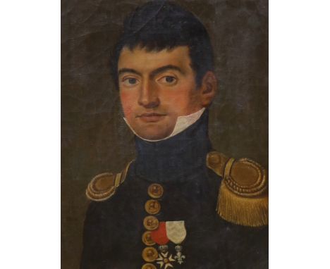 Greek School, oil on canvas,Portrait of a Naval officer, indistinctly signed and dated 1814, 40 x 31cm