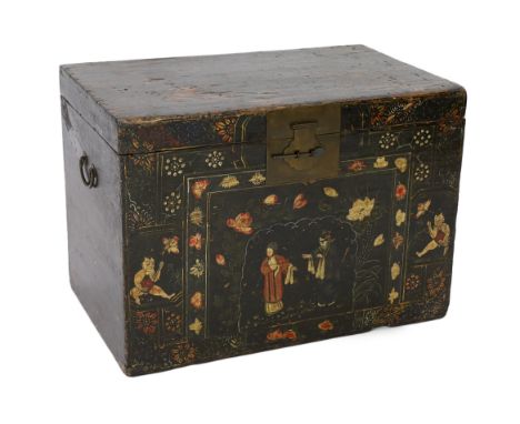 A Chinese lacquer trunk, width 84cm, depth 53cm, height 60cm