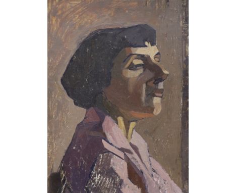 Style of Wyndham Lewis (1882-1957), oil on board, Stylish portrait, 40 x 29cm