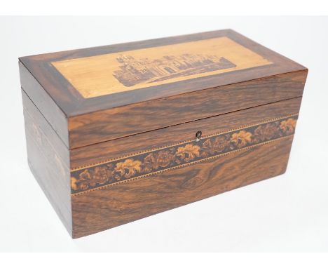 A 19th century Tunbridge ware rosewood tea caddy, 22cm wide