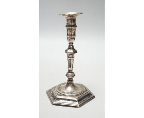 A George II cast silver taper stick, James Gould, London, 1732, 10.8cm, 3oz, with later? unmarked sconce.