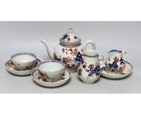 A group of Lowestoft Imari teawares, c.1770, including a Redgrave two bird pattern teapot and cover, tea bowl and two saucers