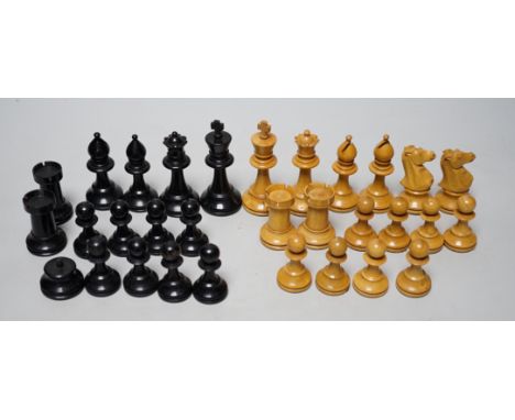 A Staunton pattern lead weighted boxwood and ebony chess set, kings 8.3cm high (incomplete, lacking both knights)