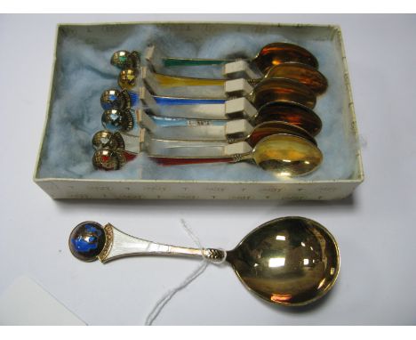 Ela Denmark Sterling 925S Set of Six Harlequin Enamel Coffee Spoons, " Denmark"; together with a matching larger spoon (ename