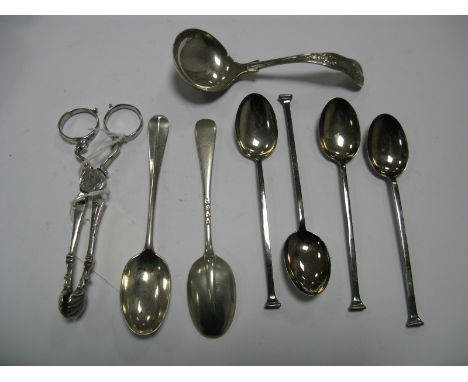 Decorative Sugar Nips, hallmarked silver coffee spoons, a hallmarked silver ladle etc.