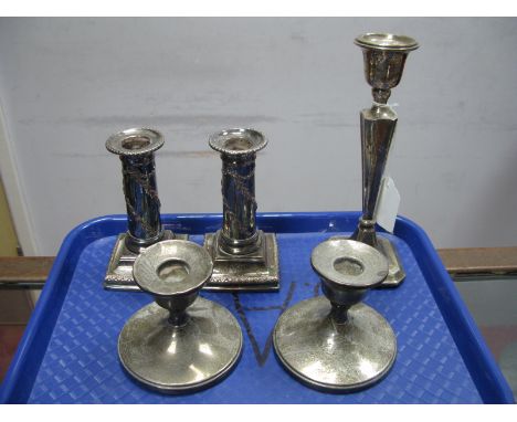 A Pair of Hallmarked Silver Dwarf Candlesticks, of plain design; a pair of plated candlesticks, on square base; a slender hal