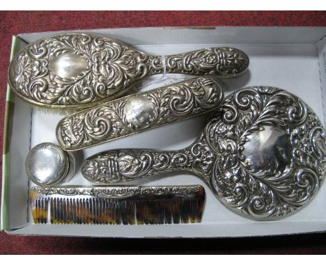 Hallmarked Silver Backed Dressing Table Items, including hand mirror, trinket pot, comb, etc.