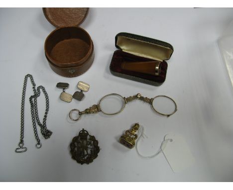 Lorgnettes, cheroot holder, seal pendant (initialled), RFC cap badge, engine turned gent's cufflinks etc.