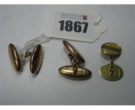 A Pair of 9ct Rose Gold Gent's Oval Cufflinks, of semi foliate design, to chain suspension, together with a single 18ct gold 