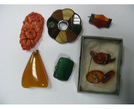 A Small Selection of Hardstone Costume Jewellery, including a brooch, of flowerhead design, with panel detail, two smaller si