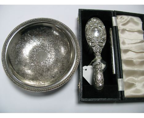 A Hallmarked Silver Backed Hair Brush, inscribed "Clare" and a comb in original fitted case; a plated trinket dish.