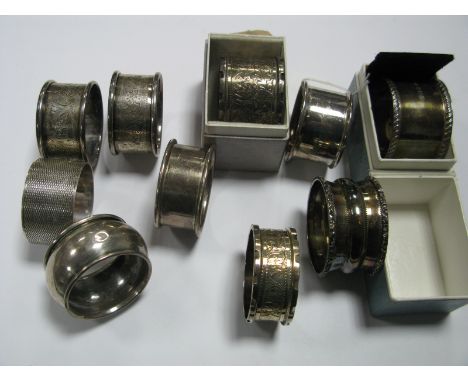 Assorted Hallmarked Silver and Other Napkin Rings, including engine turned, initialled, etc.