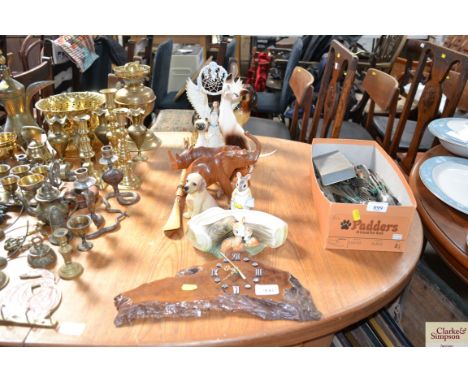 A quantity of decorative china to include Cooper Craft dog; cat ornaments; rustic clock etc
