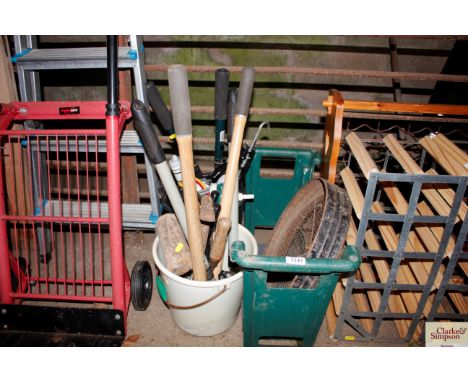 A garden kneeler; sieve and two buckets of hand tools