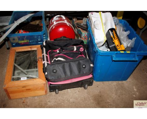 A small pine mirror fronted bathroom cabinet; a case and a box of various tools