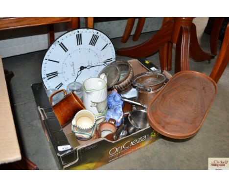 A box containing various cutlery; outdoor wall clock; Harvest ware jug; copper Eastern pots etc