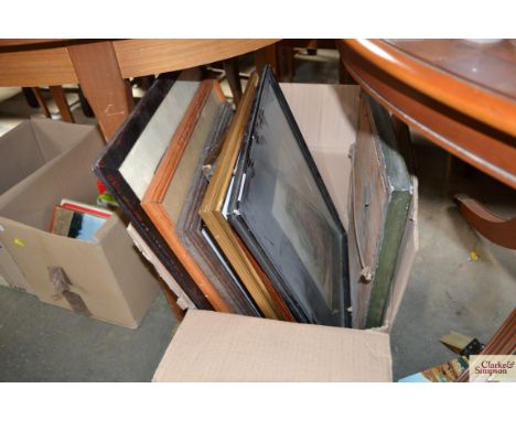 A box containing various pictures and prints to include a coloured print of "The Mansion House, March 7th 1863"
