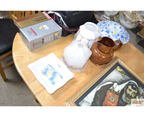 Two glass light shades; a blue and white tureen; a shredded wheat bowl etc