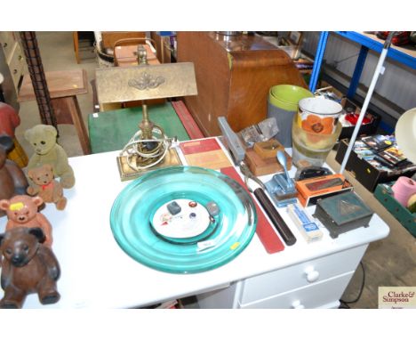 A brass desk lamp together with various stationary items; a pewter trinket box etc
