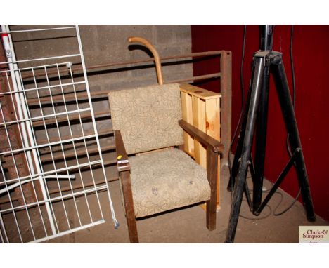 A small upholstered child's chair; spice rack; folding wine rack and a walking stick