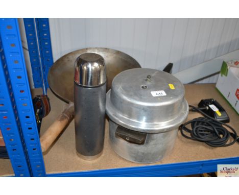 A Prestige pressure cooker and a Thermos flask and a wok 