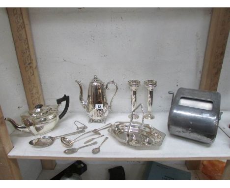 A mixed lot of silver plate including coffee pot and teapot and a Gardner 30 minute freezer