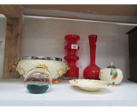 A Clarice Cliff jug, 2 other, Catihness paperweight and 2 other items of glass