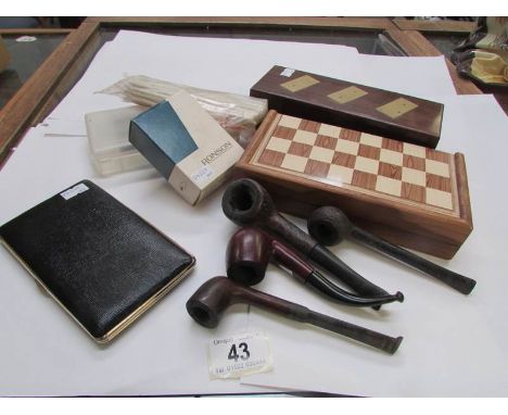 A cased set of dominoes, chess, darts, pipes, Ronson lighter etc