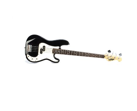 Bass Guitars, five bass guitars plus one six string electric including a Westfield Bass Guitar in pink with black pick guard,