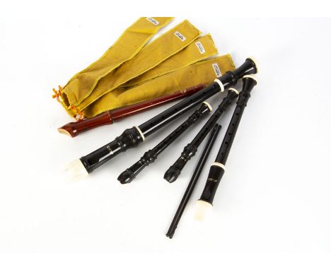 Recorders / Adler / Aulos, five Recorders comprising a vintage Adler and four Aulos of various sizes - with four Aulos Bags a