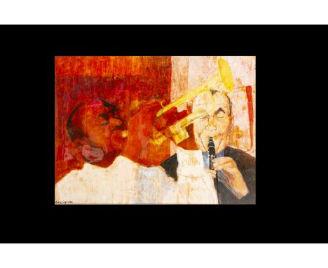 Jazz Tonite / Tracy Sugarman, a colour acrylic on board image, with signature, of clarinet and trumpet players by Tracy Sugar