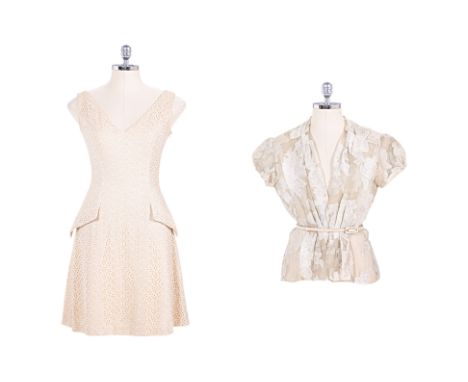 A CHRISTIAN DIOR BRODERIE SILK DRESS AND ORGANZA TOP Comprising of a broderie anglaise sleeveless mini dress with a 'V' shape