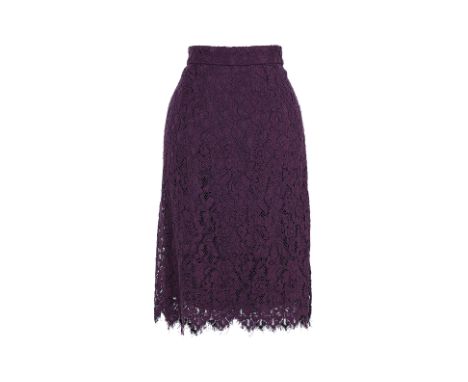 A DOLCE &amp; GABBANA PURPLE LACE PENCIL SKIRT Comprising a floral lace overlay pencil skirt with inner slip, button and zip 