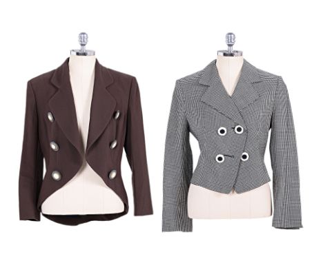 TWO CHRISTIAN DIOR SUIT JACKETS Comprising a chocolate suit jacket adorned with heavy metal buttons, and a checkered suit jac