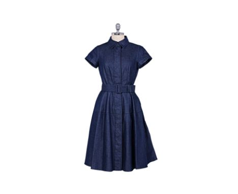 A CH CAROLINA HERRERA NAVY BUTTON DOWN SHIRT DRESS Comprising a denim short sleeve dress with classic collar, belted waist an