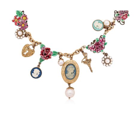 A DOLCE &amp; GABBANA SICILY FLORAL NECKLACE Comprising a gold-tone chain with ceramic cameo and flower arrangements, faux pe